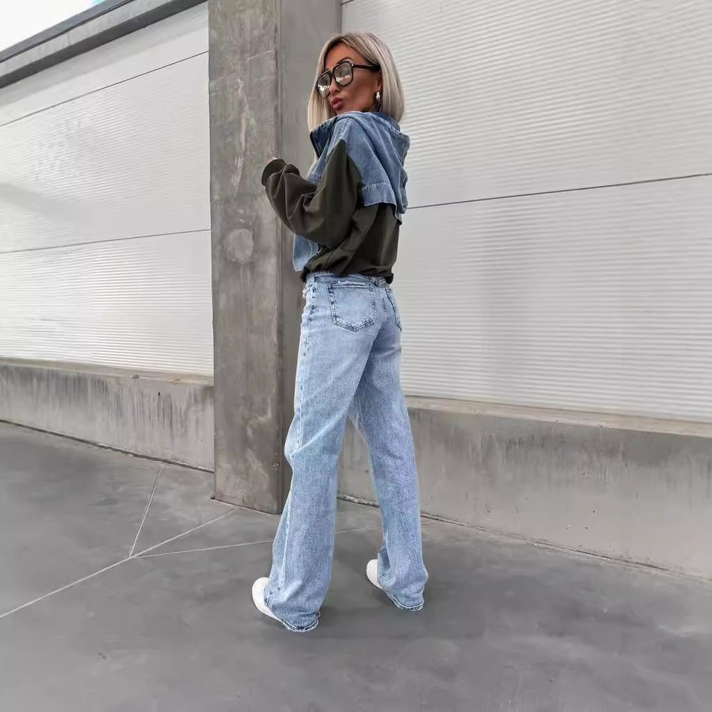 Felpe con cappuccio in denim lavato da donna, larghe, vintage, con cappuccio, pullover, top autunnali patchwork, felpa streetwear femminile