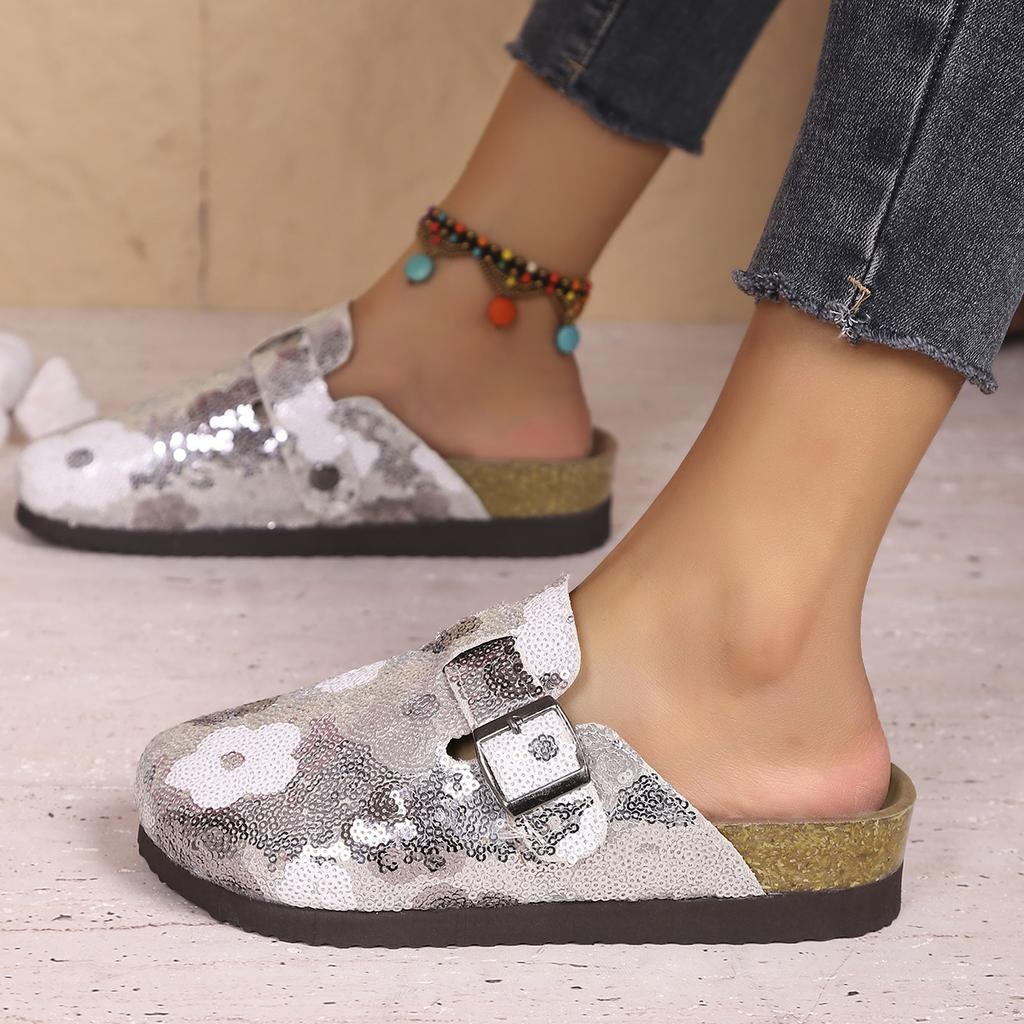 2025 New Women Slippers Casual Non Slip Flat Sandals Spring Sequined Half Slippers with Cork Toe Comfortable Shoes Slides Women