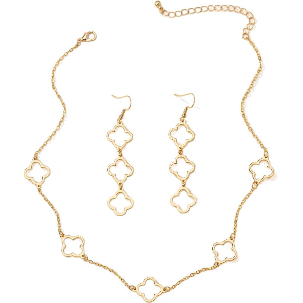 Cut-Out Clover Chain Vintage Bracelet Necklace Set Women'S Light Earrings Gold Set