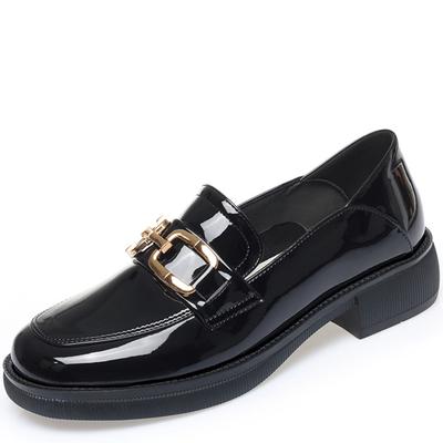 Lackleder-High Heels für Damen mit dicker Sohle, Einzel-Schuhe, College-Stil, Komfort, Faule, weich gefütterte Loafer, Schwarze Lederschuhe
