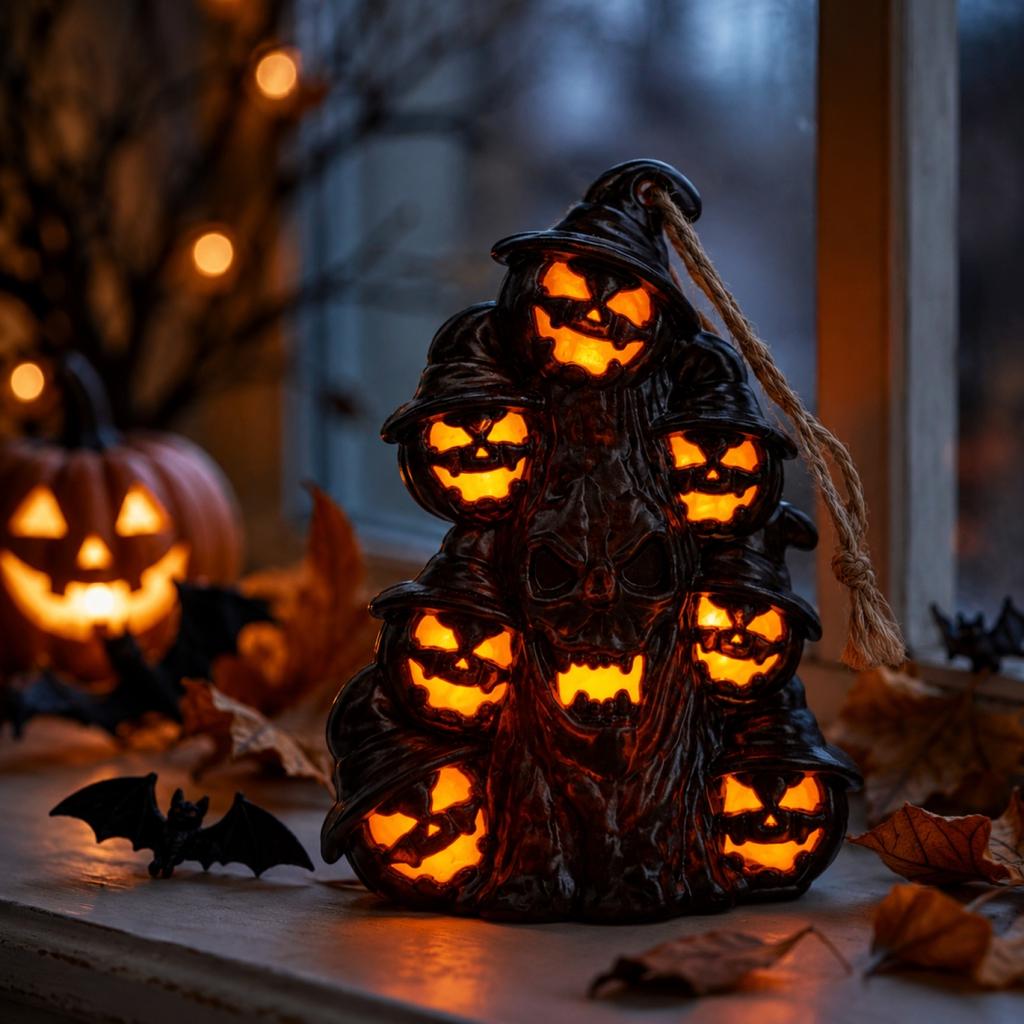 Halloween Ghost Night Light Decorative Figurine with Pumpkin Shape LED Lighting for Holiday Indoor Tabletop Display