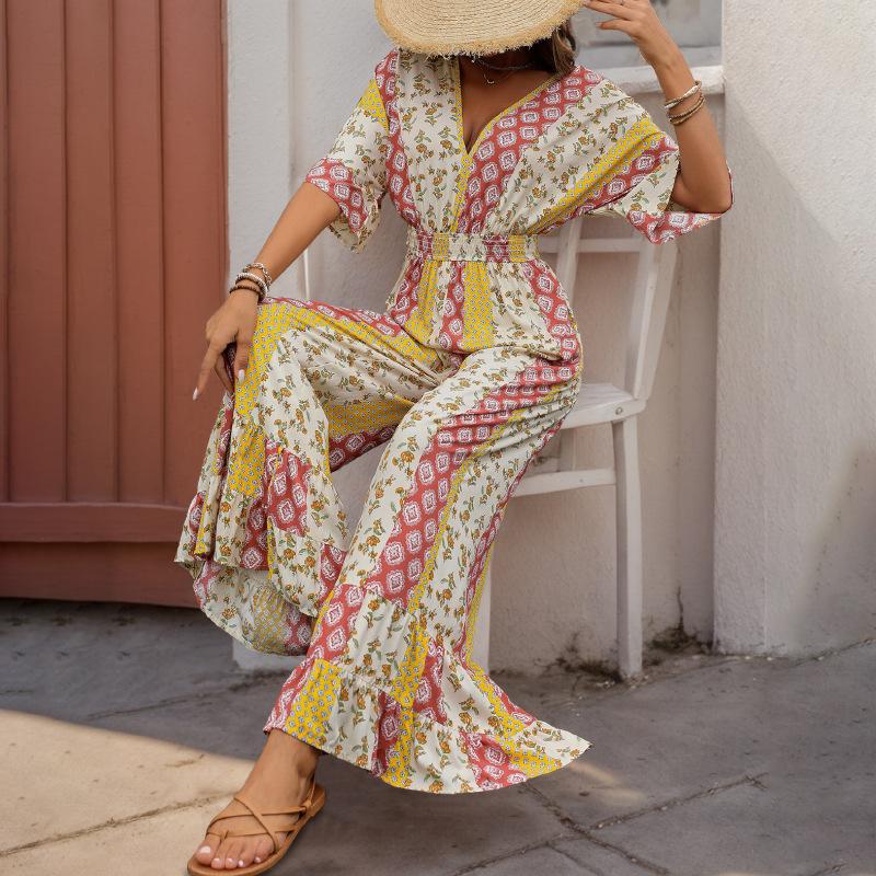 Women Retro Printed V Neck High Waist Five Quarter Sleeve Wide Leg Long Jumpsuit S жёлтый