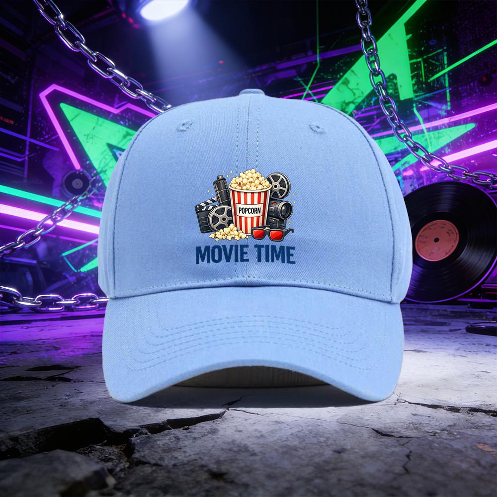 A Baseball Cap Featuring the MOVIE TIME Popcorn Design a Unisex Outdoor Sports Sun Hat Suitable for Couples Available In Mul