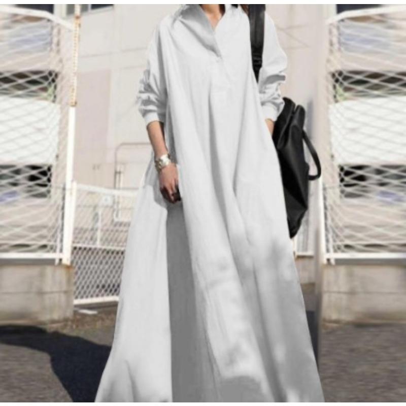 

women s Solid Color Polo Collar Long Sleeve Oversized Loose Maxi Dress Casual A‑Line Big Swing Dress Plus Size 5XL білий