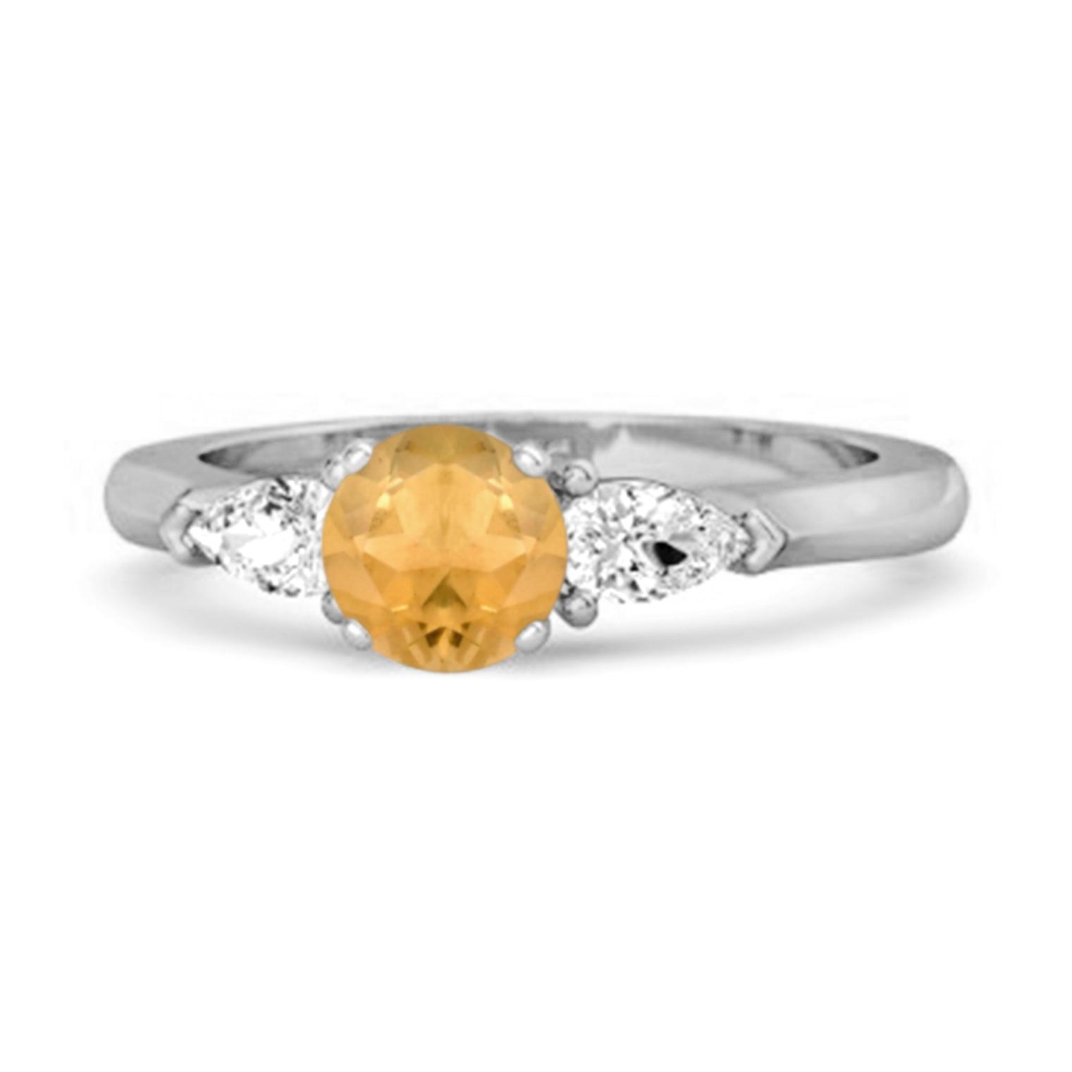 Citrine Pear White Accent Trio Design Ring- 925 Sterling Silver 10.5