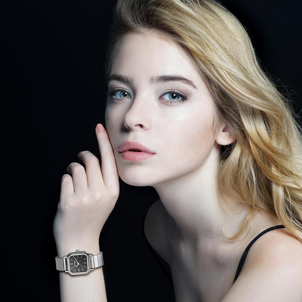 Cute Square Stainless Steel Strap with Adjustable Quartz Fashion Watch Perfect for or as a Gift for Her Women's Watch, Waterproof Length, Movement, -