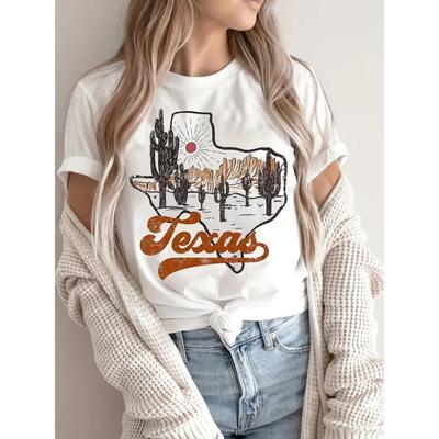 Camiseta de cuello redondo con estampado de Texas para mujer, camiseta de verano, camiseta transpirable, camisetas de calle, ropa informal, camisetas deportivas geniales