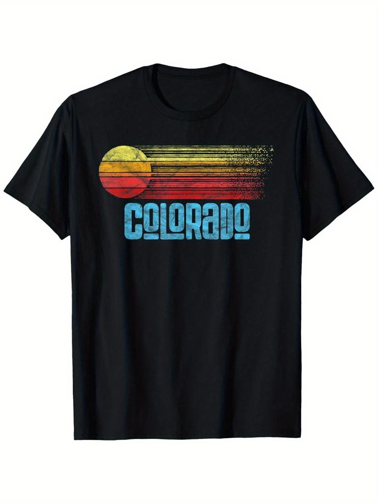 Mens Retro Colorado Pattern Tshirt Ruined Retro Multi Color Sunset and State Letter Casual Round Neck Short Sleeve Tshirt