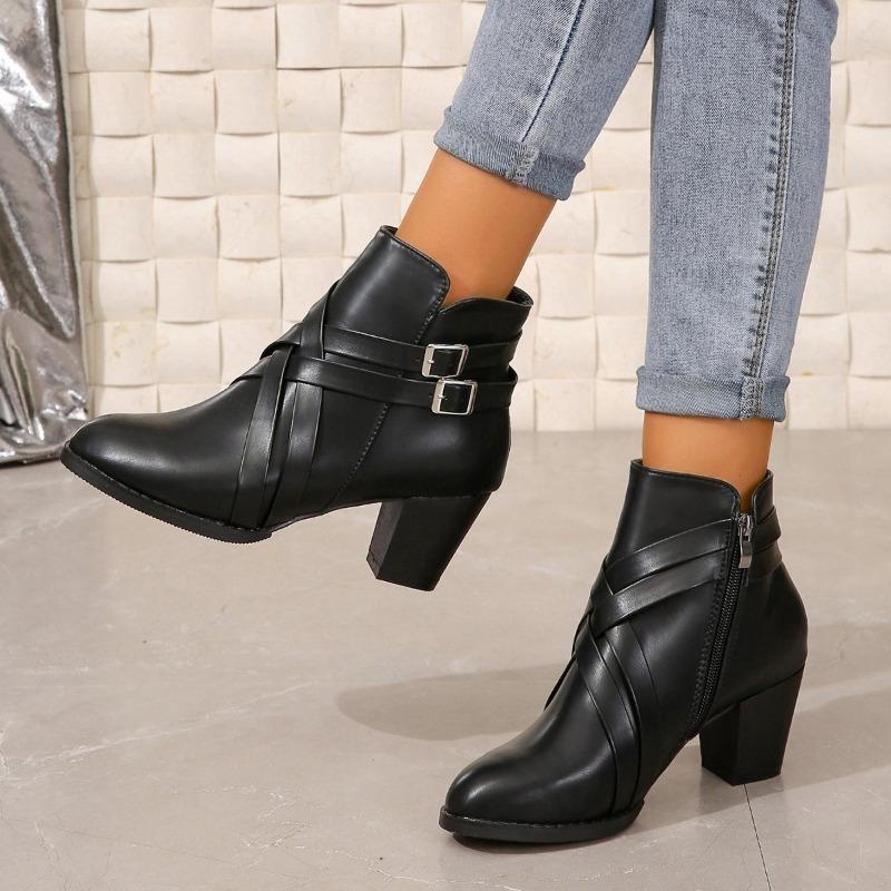 Fashion Shoes for Women 2024 Winter New Pin Buckle Design Zipper Women's Boots Comfortable Thick Heel Commuting Office Ladies Shoes
