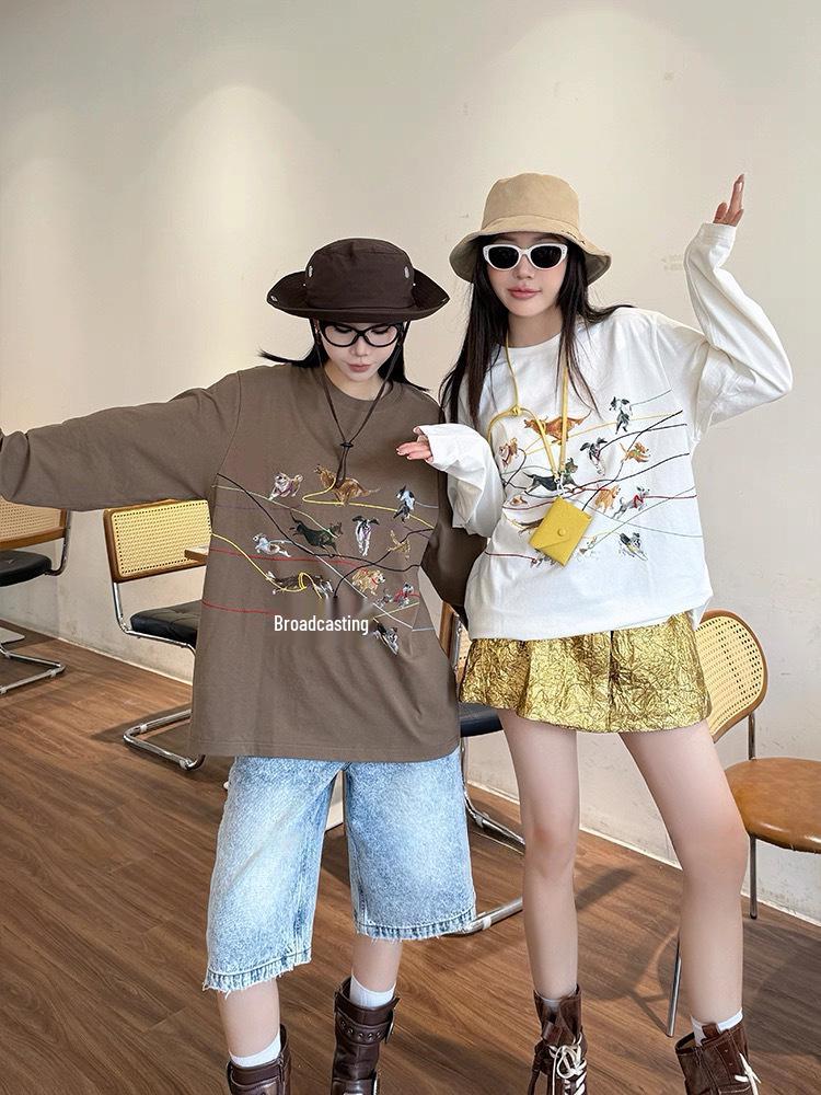 ID Podzimní Retro Štěně Potisk Vyšívané Tričko s Dlouhým Rukávem