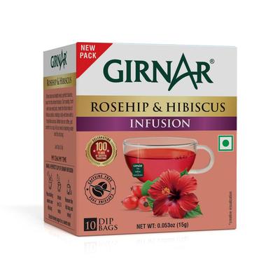 Girnar Tisana di Rosa Canina e Ibisco Bustine 10 Pezzi Confezione da 1 Senza Caffeina Bevanda Fruttata Floreale