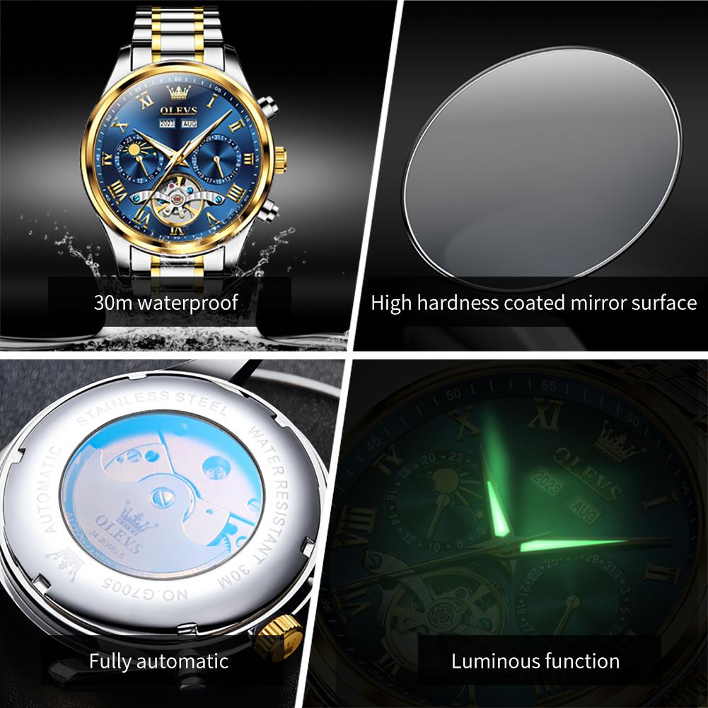 OLEVS 7005 Automatic Man Watch Luxury Skeleton Flywheel Watch 24 Hour Moon Phase Calendar Waterproof Mechanical Men's Watches