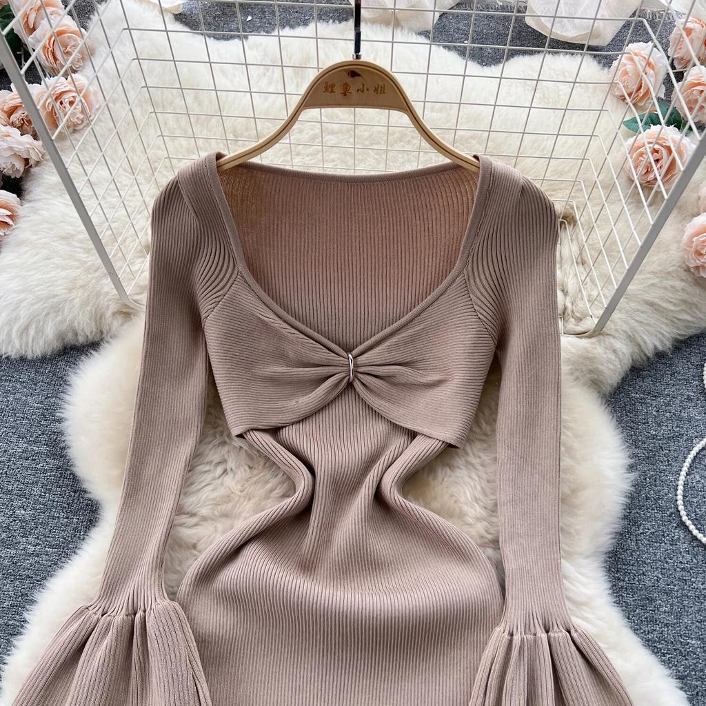 Sexy Bodycon V Neck Flare Pletené šaty s dlouhým rukávem Elegantní Elegantní Vestidos Podzimní Ženy Módní Hip zavinovací šaty