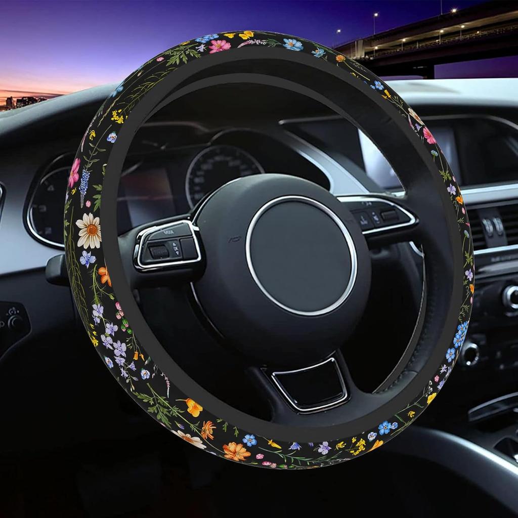 Wildflower Steering Wheel Cover For Women Men, Anti-Slip Breathable And Sweat Absorption Universal 14.5-15 Inch Cute Steering Wheel Protector,