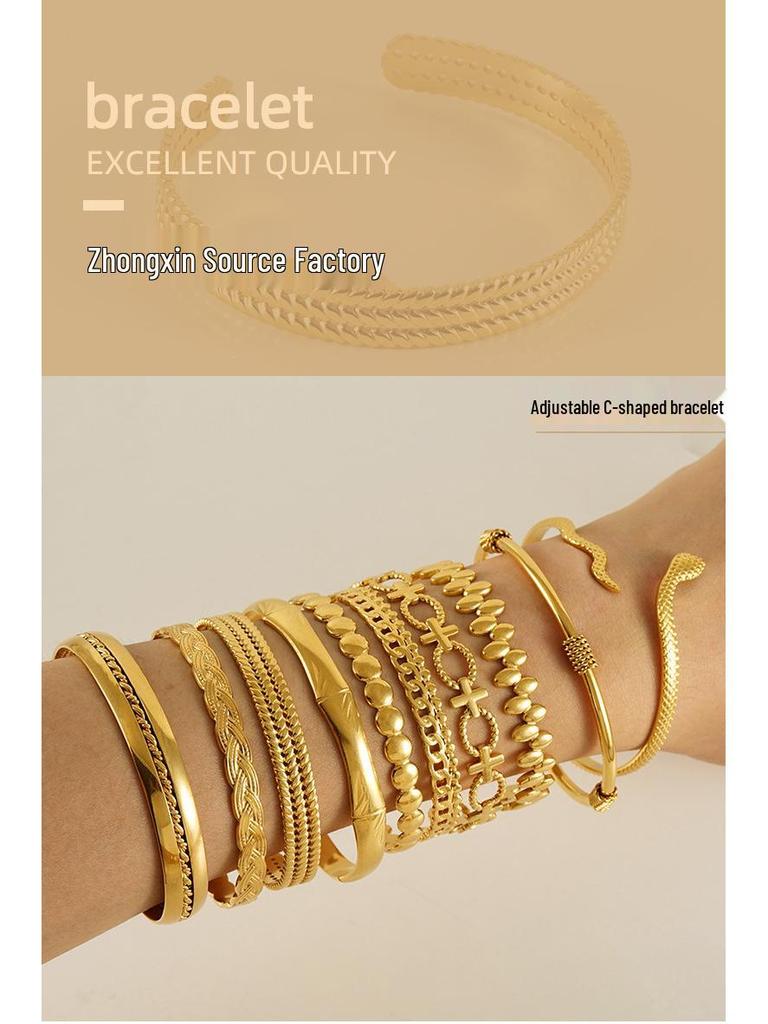 Retro Titanium Steel Adjustable C-Shaped Bangle - European & American INS Style Stainless Steel Women's Bracelet