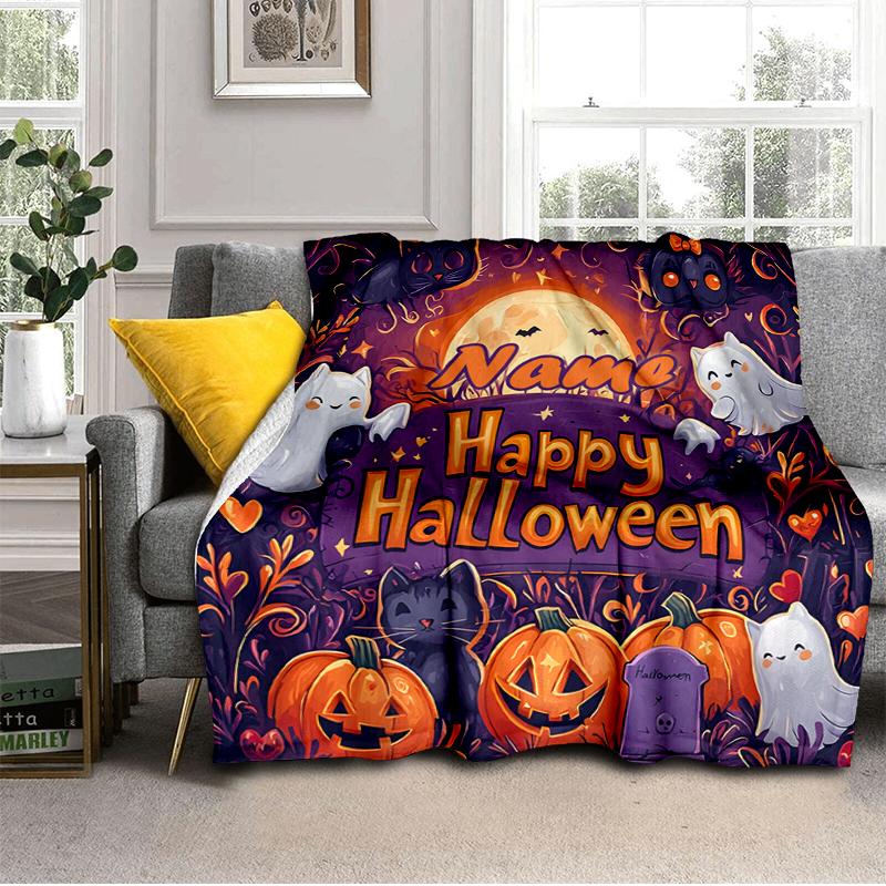 1PC Custom Name Happy Halloween Night outdooor Flannel blankets Throw Blanket All-Season Throw Gift Bedspread for Couch, Bed, Camping Holiday Birthday