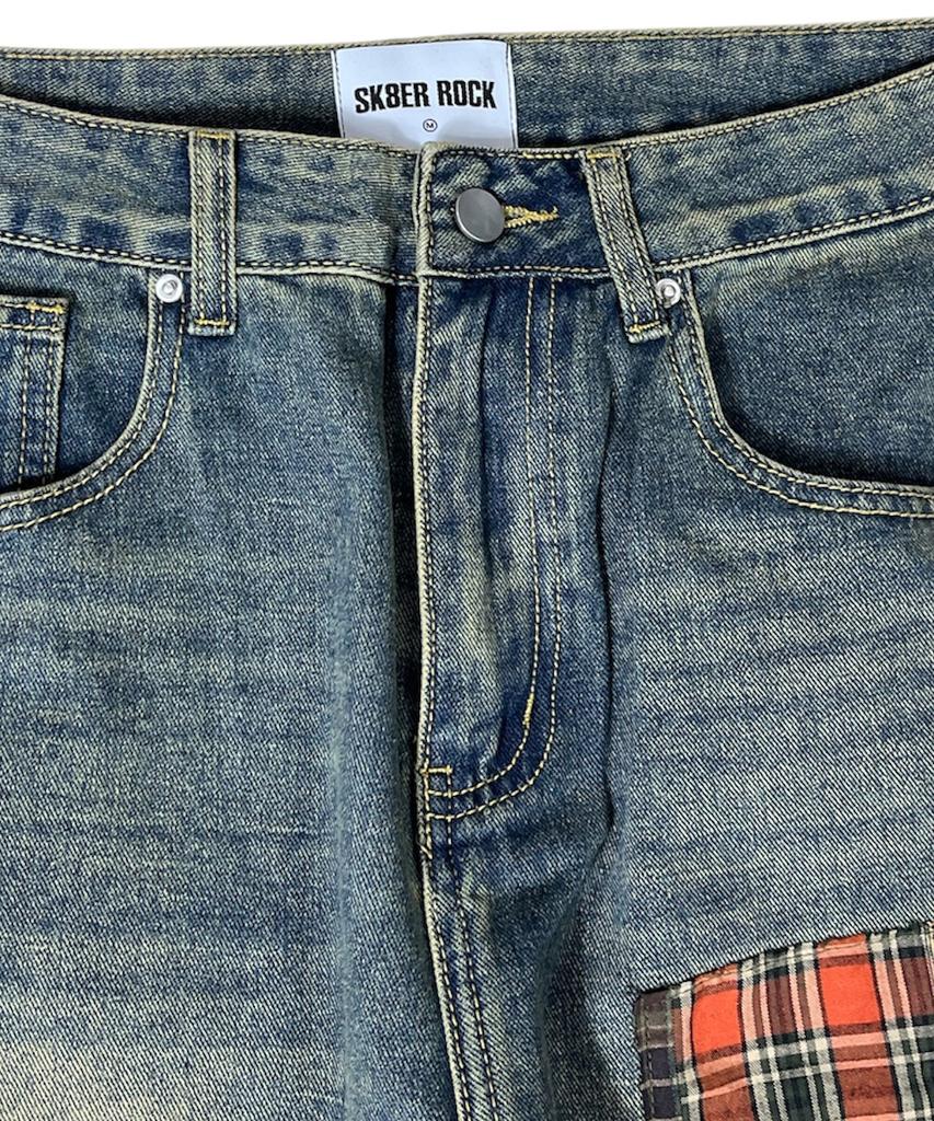 SK8ER ROCK Patchwork Denim Wide Pants ((Beige Indigo))