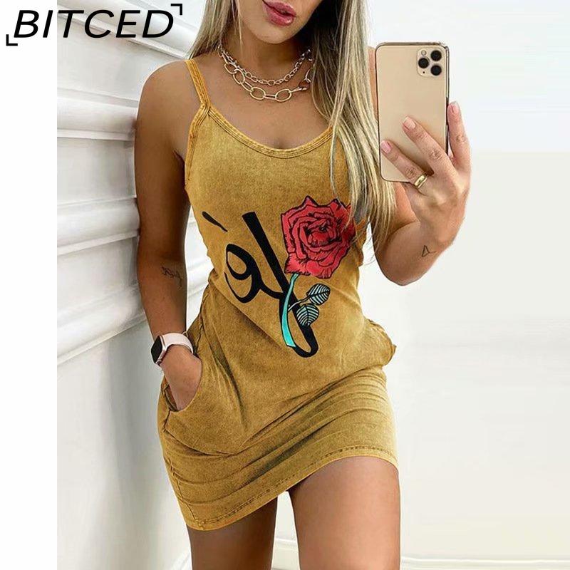 BITCED Women Elegant Summer Floral Letter Print Denim Bodycon Mini Slim Dress Sleeveless Pocket Design