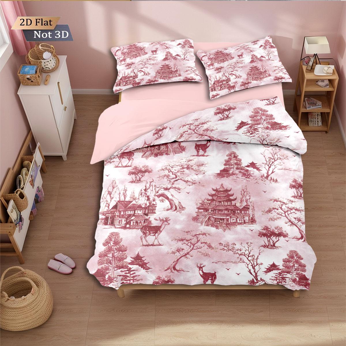 

3pcs pink antique architectural print coreless bedding comfortable multi size bedroom dormitory duvet covers, machine washable 135x200cm-EU-Single&set