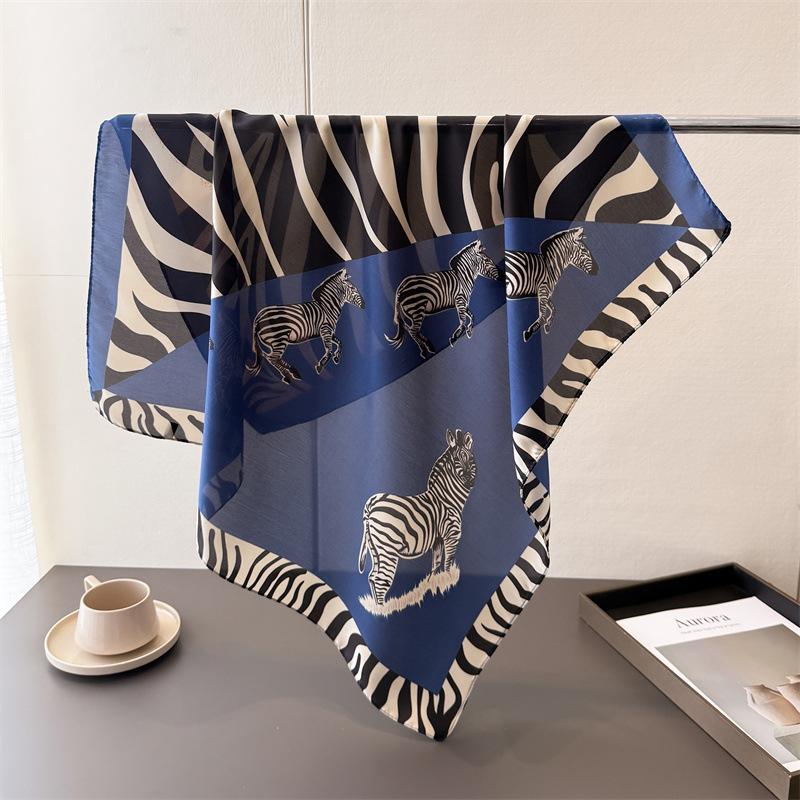 

New Color-blocked Bebra Print Shawl Square Scarf for Women Satin Wraps Neckerchief Female Hair Bands Ribbon Headband Bandana 70x70cm