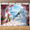 2D Mediterranean Santorini Backdrop, Seaside Village Photo Background for Studio