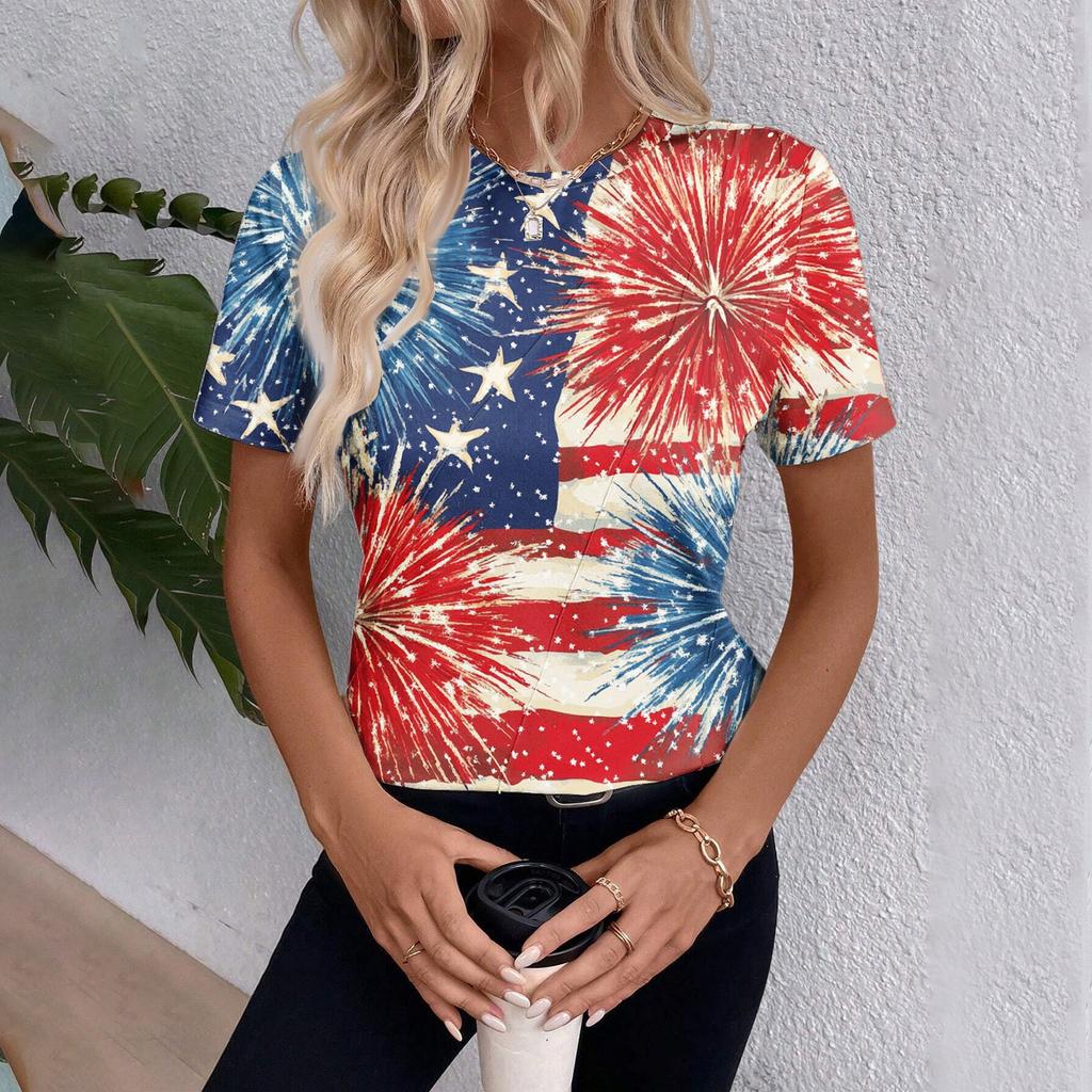Haut d'été à manches courtes avec imprimé Jour de l'Indépendance pour femme