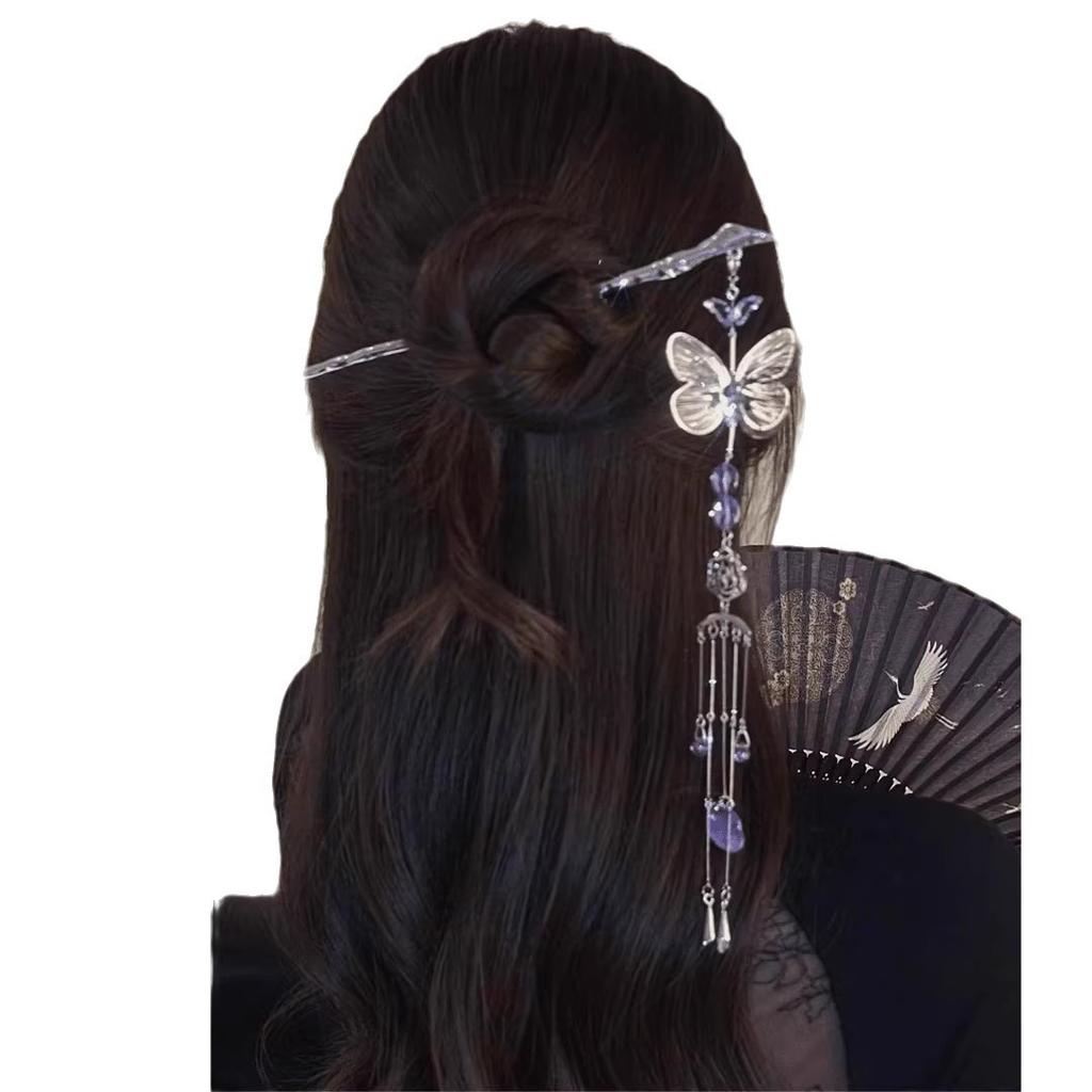 Neo Chinese Style Hairpin For Women Elegant Purple Butterfly Rhinestone Tassel Hair Stick Exquisite Fairy Hair Accessories 1pc