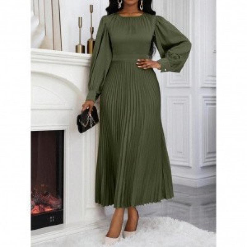 European & American Style Waist-Cinching Solid Color Pleated Dress - Loose Fit, Long-Sleeved, Summer Collection for Women