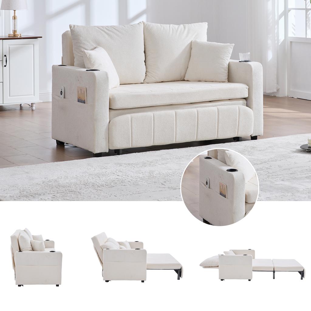 Multifunctional Sofa, Folding Sofa, Usable as Sofa or Bed, Storage Pockets on Armrests, USB Charging Function and Drink Holders (Beige Chenille)