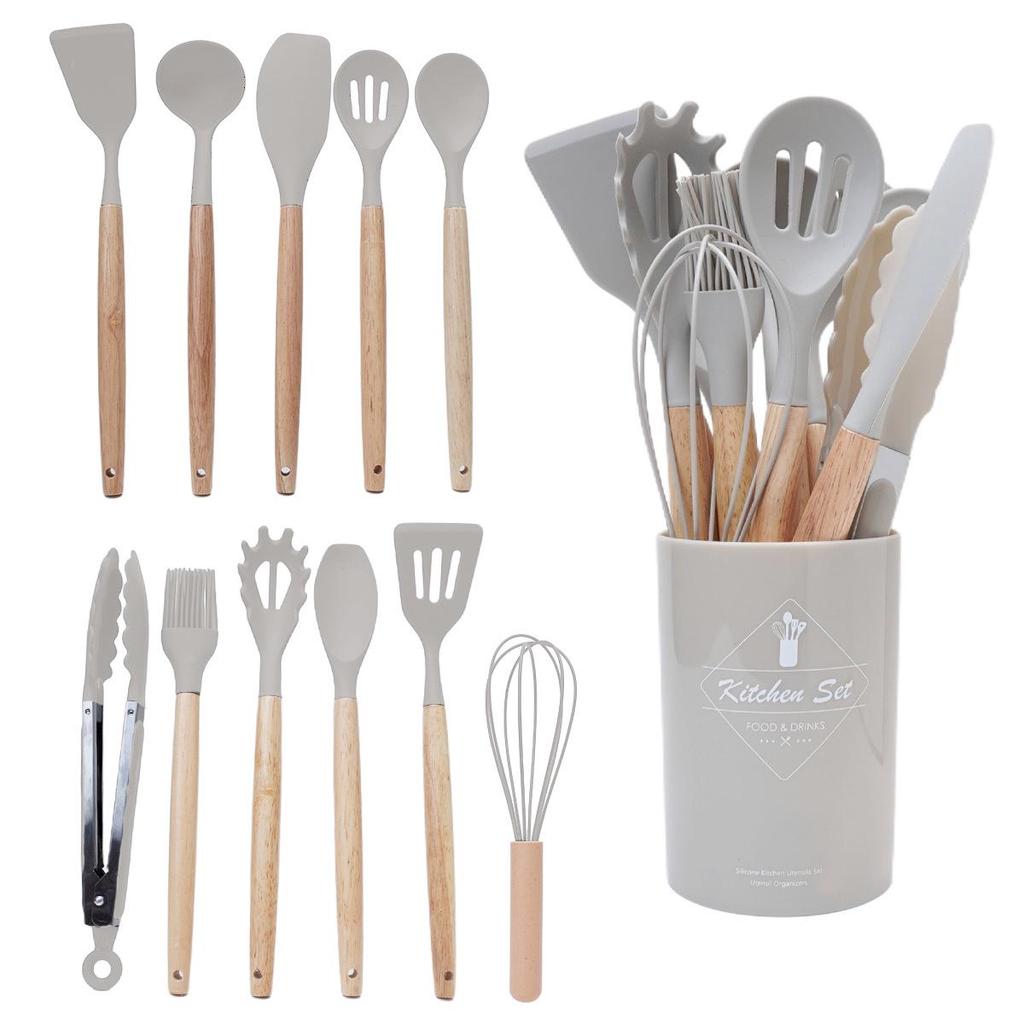 14-Piece Wooden Handle Silicone Kitchen Utensil Set with Storage Bucket for Non-Stick Cookware
