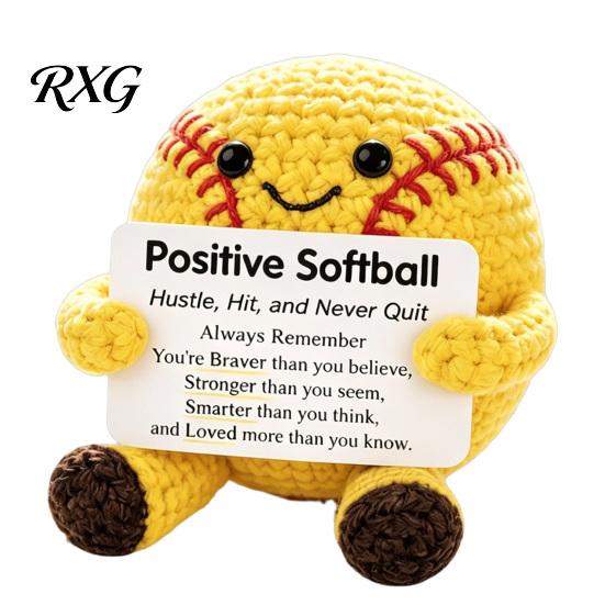 Pocket Sized Inspirational Gift for Athletes Knitted Positive Sports Ball Plush, Emotional Support Doll with Personalized Keepsake Softball