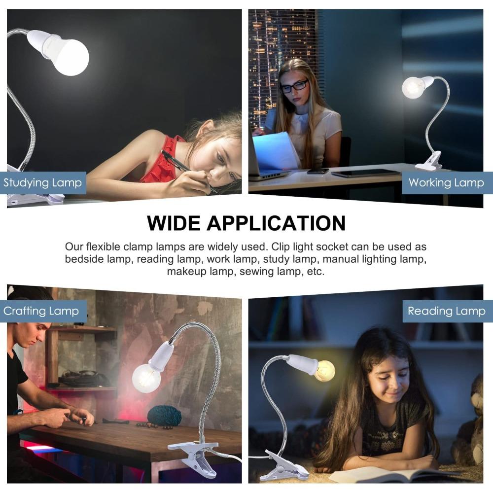 Flexible Aluminum Neck Clip Lamp Holder E26/E27 Clamp Light Fixture with ON/OFF Plug in Cord Desk Lamp Holder for Study Work