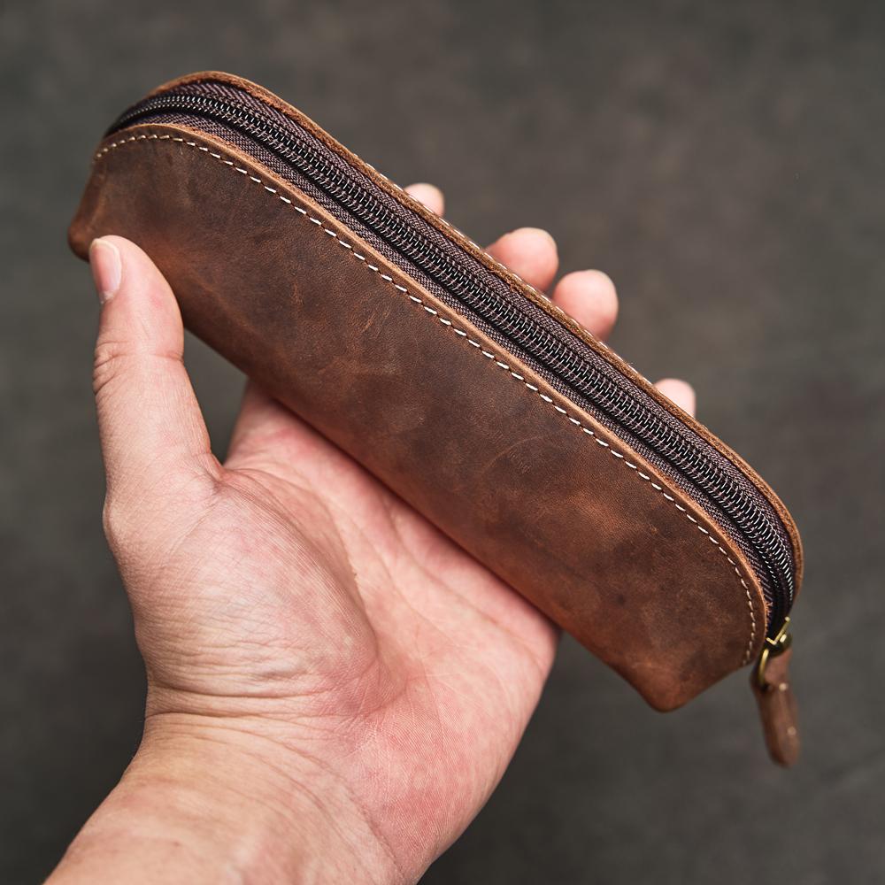

Vintage Leather Pencil Bag Simple Stationery Hoder Pen Case Storage Bag Zipper Pencil Pouch Glasses Box School Supplies