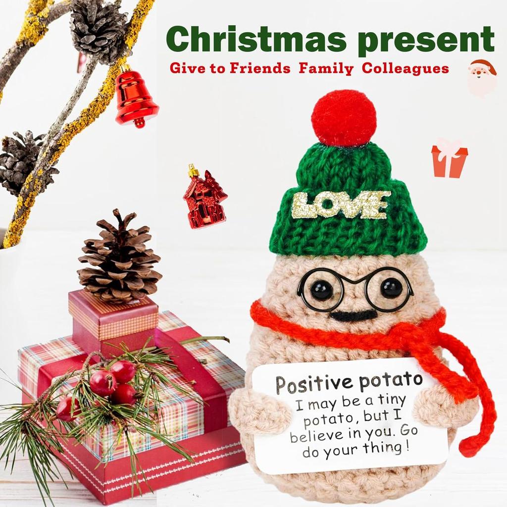 Funny Crochet Positive Emotional Xmas Potatoes Dolls With Card Cute Handmade Wool Knitted Potato Ornament Home Christmas Decor