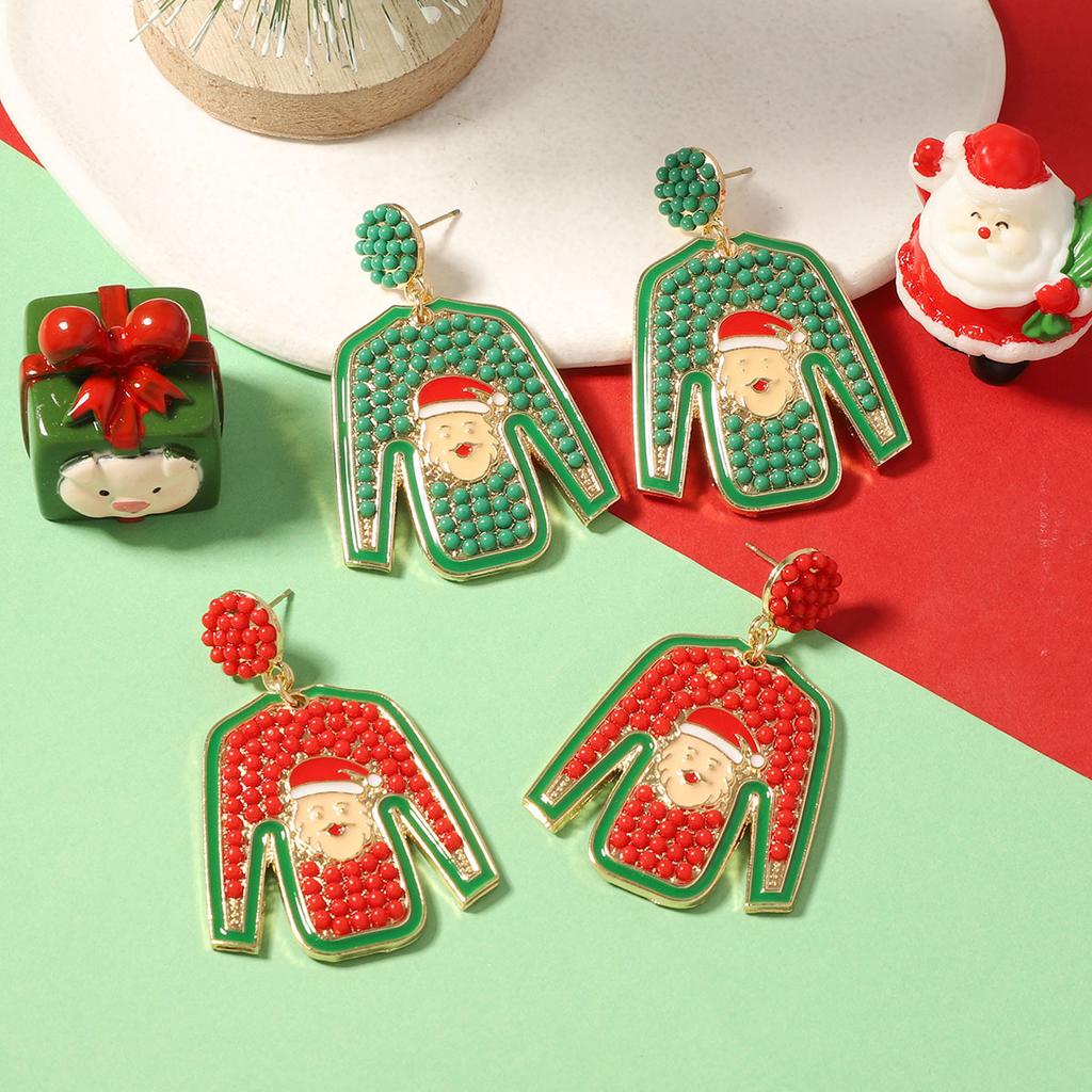 Christmas niche creative design cartoon alloy rice beads Santa clothes earrings, fashion