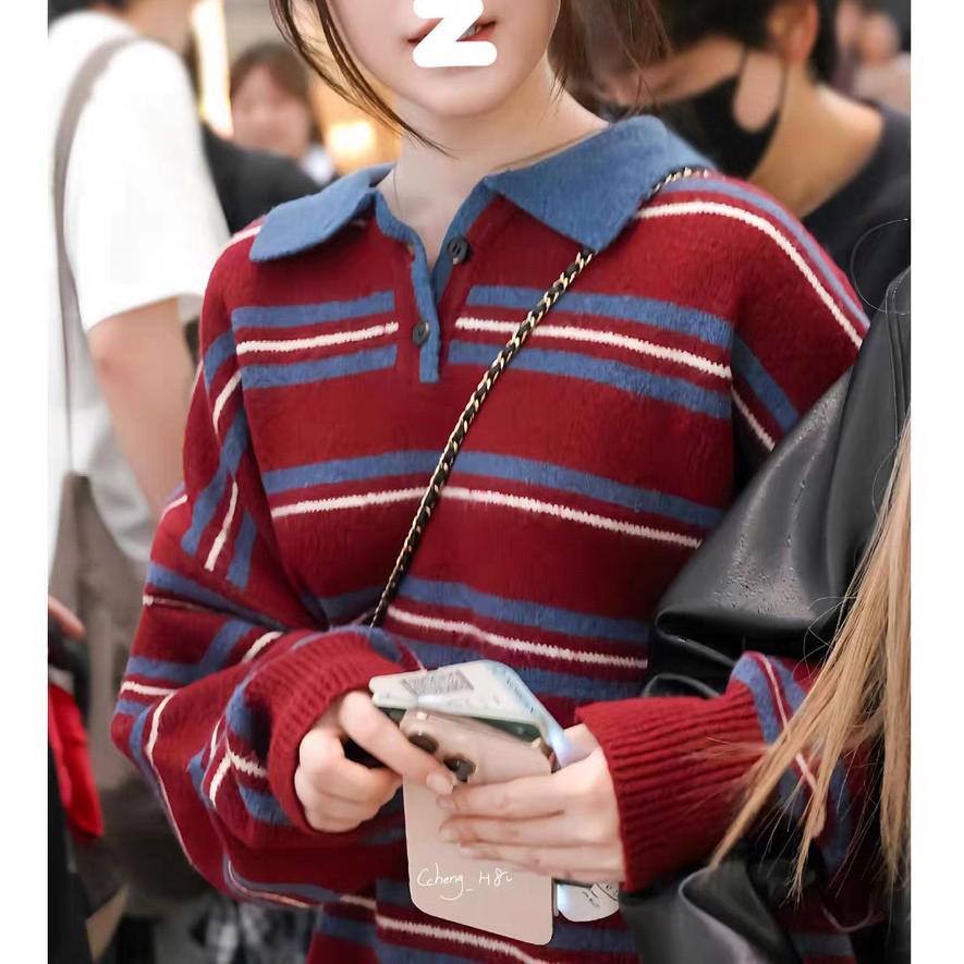 Ye Shuhua College Style Striped Lapel Knitwear Top for Women - Autumn Winter Thick Loose Fit.