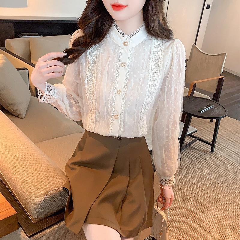 Herbstmode Neu 2024 Langarm Stehkragen Aprikosenfarbene Spitze Chiffon Bluse Hemd Damen Oberteile Blusen Hemden J472