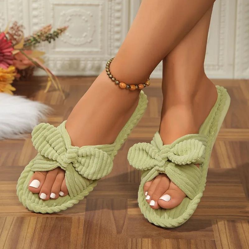 Chaussures pour femmes 2024 Haute Qualité Bout Ouvert Couleur Unie Chaussures Plates pour Femmes Mode Décontracté Décoré d'un Nœud Daim Pantoufles pour Femmes