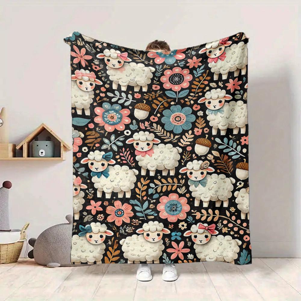 1pc Sheep Flowers Lightweight Flannel Blanket, Comfortable and Warm Blanket, for Office and Camping Sofa Bed184