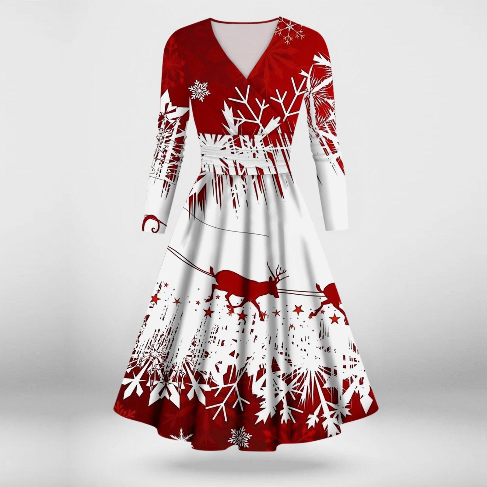 

Женское повседневное и модное сексуальное платье с v-образным вырезом и длинными рукавами с рождественским принтом XL белый