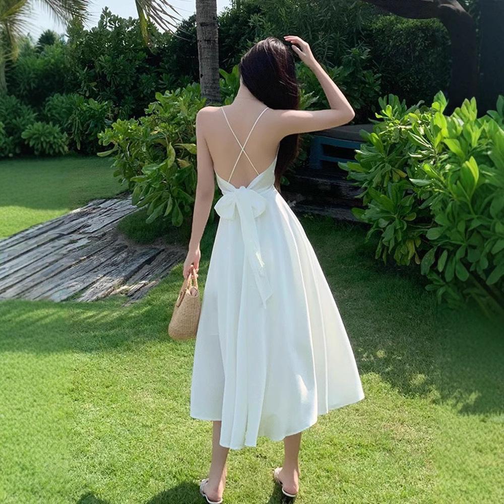Sanya Travel Wear Internet Celebrity Suspender Halter Dress Summer Thin White Fairy Dress Seaside Vacation Beach Dress
