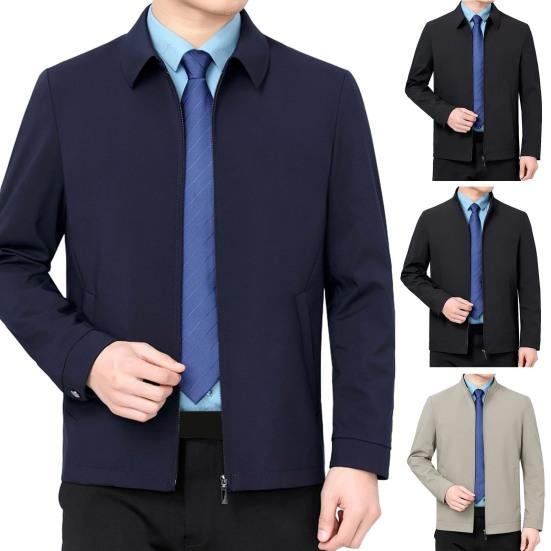 Men Business Jacket Lapel Collar Long Sleeve Solid Color Zipper Cardigan Slim Fit Casual Coat Outerwear
