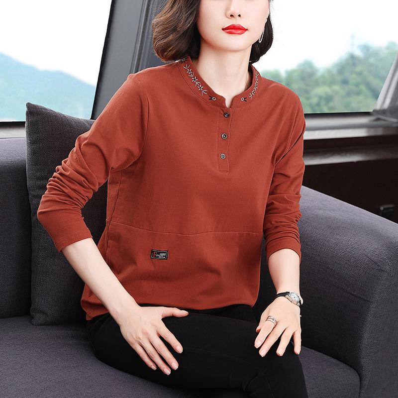 Embroidered Round Neck Loose-Fit Pullover Blouse for Autumn/Winter