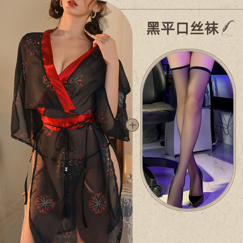 Sexy Lingerie Uniform Pure Desire Free Chiffon Pajamas Black Japanese Ancient Dress Printed Kimono Clothes Set