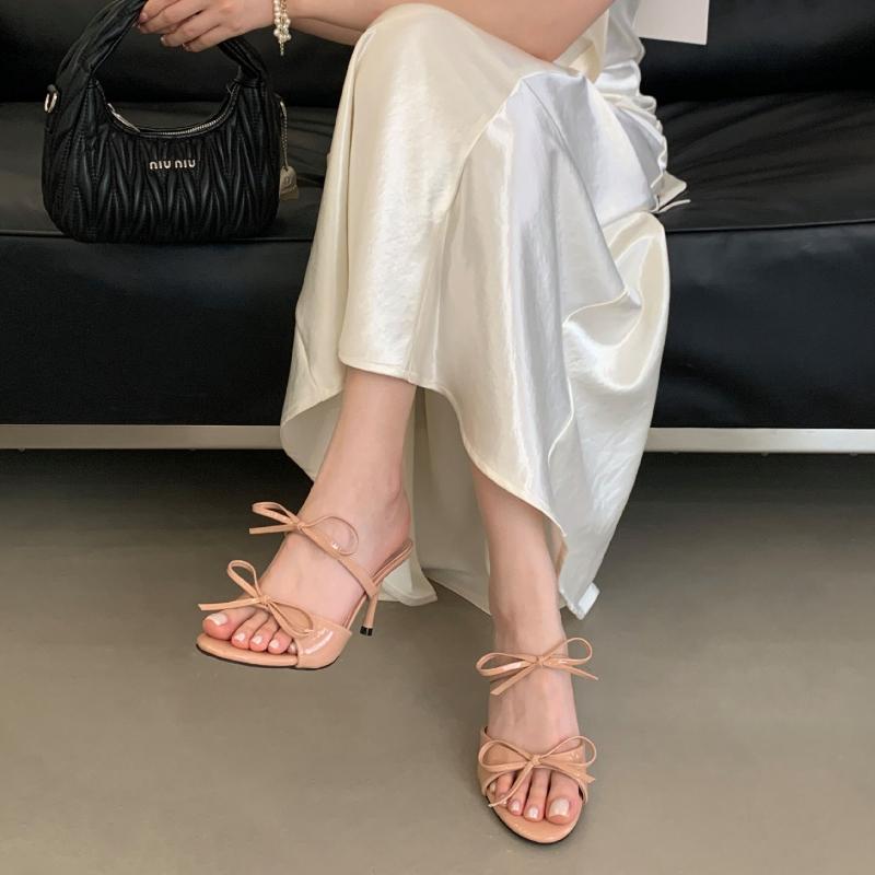 Pantoufles à talons hauts avec nœud doux pour femmes, Sandales d'été à bout rond et bride étroite, Sandales plates élégantes à bout ouvert, Chaussures pour femmes