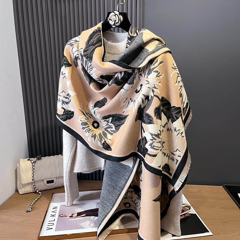 Women'S Sunflower Jacquard Scarf Autumn And Winter Warm Shawl Air Conditioning Blanket Premium Scarf Travel Multi-Purpose