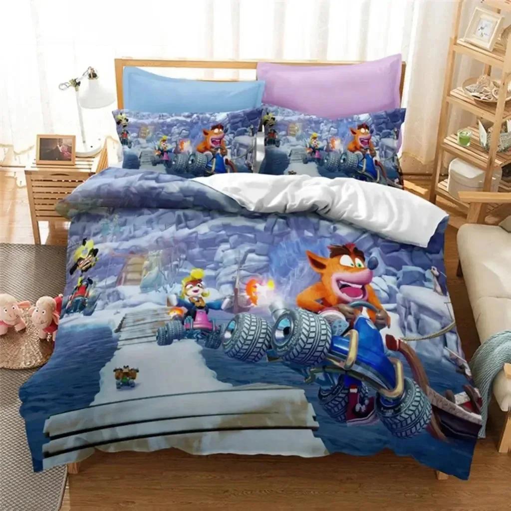Luxuriöses neues 3D-Druck-Bettwäscheset mit Crash Bandicoot-Spielmotiven für Jungen und Mädchen, Einzel- und Doppelbett, Kissenbezüge, Kinder- und Erwachsenenmode, Heimtextilien