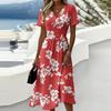Womens Short Sleeve V Neck Floral Print Midi Dress Casual Elastic Waist Summer A Line Dress for Holiday and Daily Wear