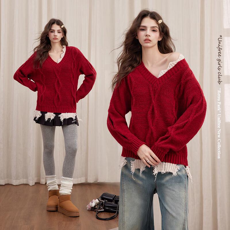 UNIFREE Women's Retro Sweet Color Block Tassel Pullover Sweater