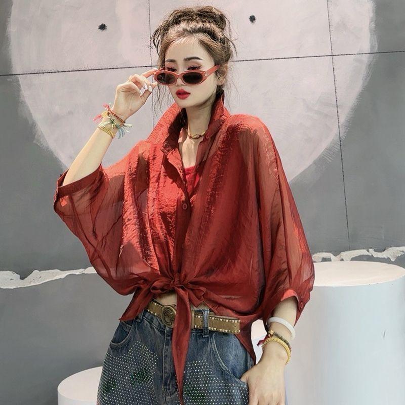 

Женская летняя легкая солнцезащитная однотонная свободная рубашка 4XL красный